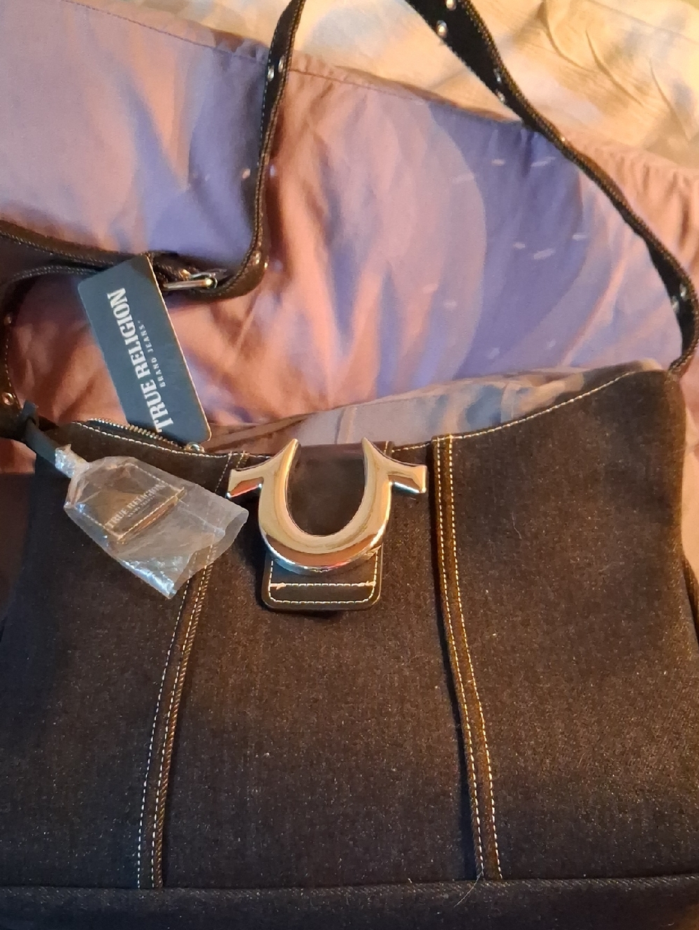 True Religion Black Denim Messenger Bag with Silver Accent